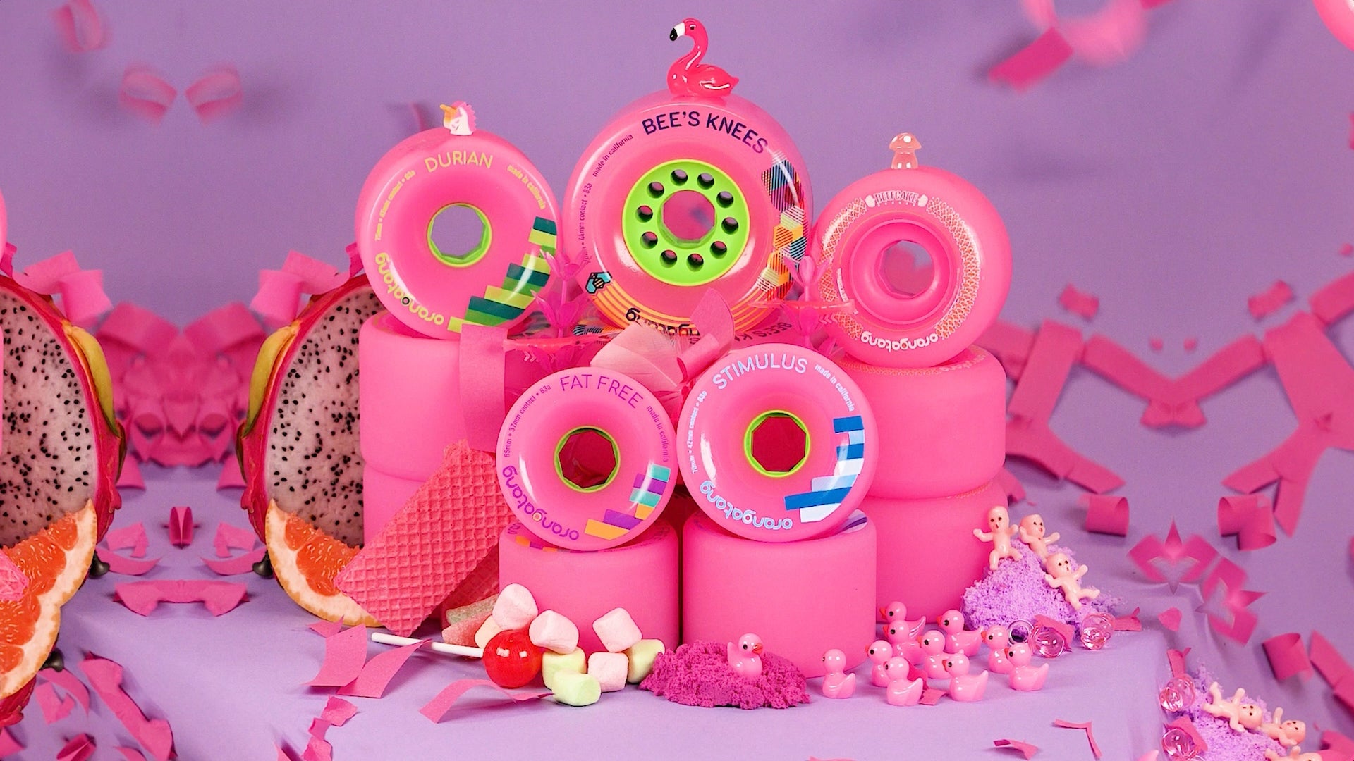 Orangatang 83a Pink Wheels: Durian, Bee's Knees, Beefcake, Fat Free, Stimulus