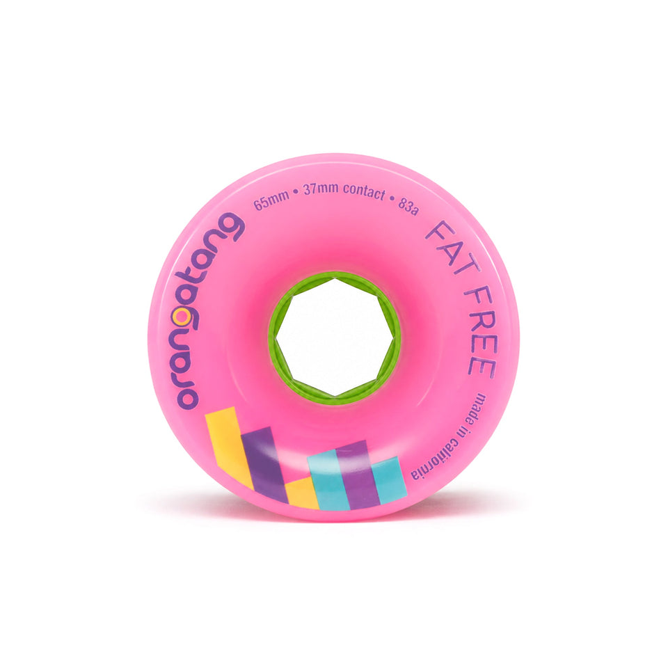 Orangatang 65mm Fat Free (83a, pink) longboard skateboard wheel (front)