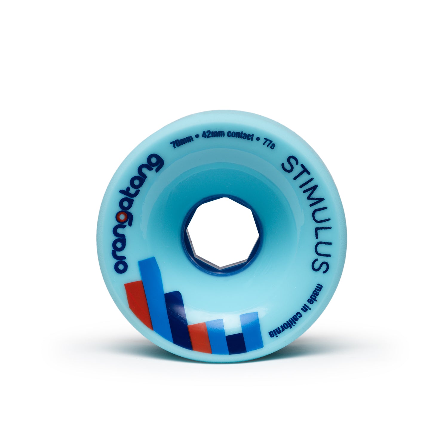 Orangatang 70mm Stimulus (77a, blue) longboard skateboard wheel (front)