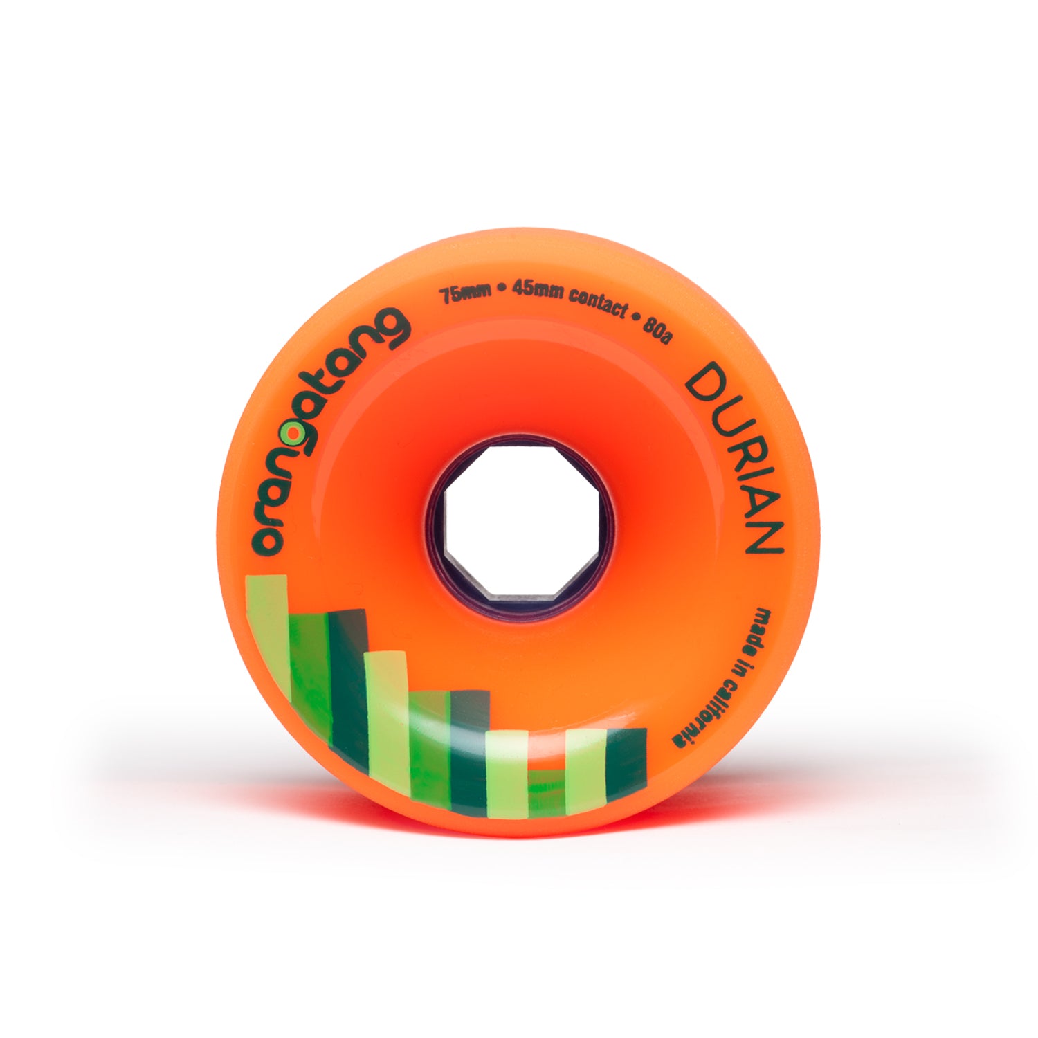 Orangatang 75mm Durian (80a, orange) longboard skateboard wheel (front)
