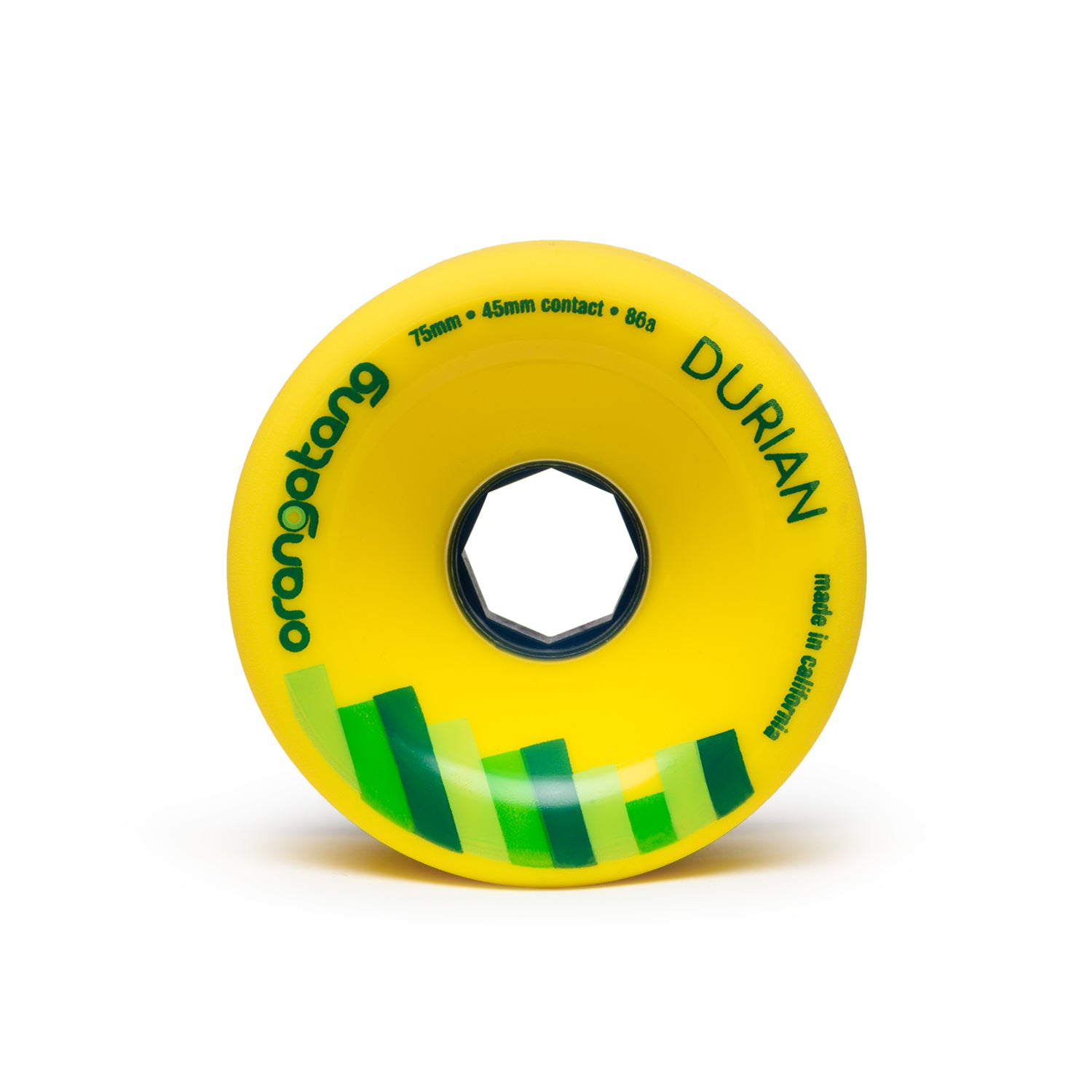 Orangatang 75mm Durian (86a, yellow) longboard skateboard wheel (front)