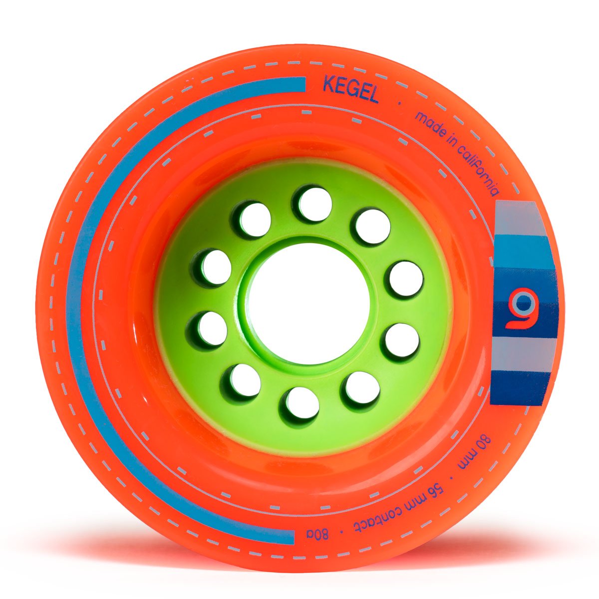 Orangatang 80mm Kegel (80a, orange) longboard skateboard wheel (front)